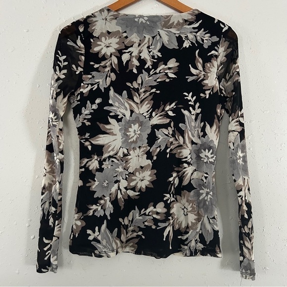 🦋 Axcess by Liz Claiborne Black Cream Floral Sheer V-Neck Blouse Y2K Medium - Picture 5 of 7